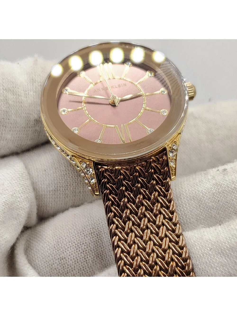 Ann Klein Gold Tone Rhinestone Case Watch Women 30mm New Battery